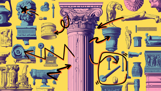 Colorful image of Greek or Roman artifacts, with a central pillar linked to various objects around it. 