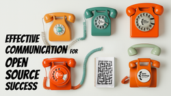 Image of rotary dial telephones, a sketchbook with a sketch of a maze, and the text, "Effective product communication for open source projects"