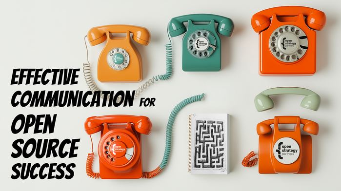 Image of rotary dial telephones, a sketchbook with a sketch of a maze, and the text, "Effective communication for open source projects"