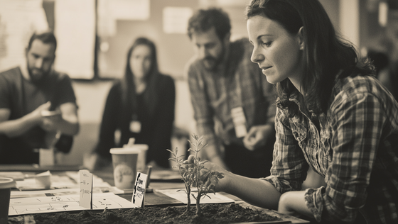 black and white photo of workshop group around a table. In the foreground, a woman tends to a small plant.