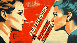 Illustration of two women staring at one another. The text "Value Proposition vs. Positioning Statement" overlays the image
