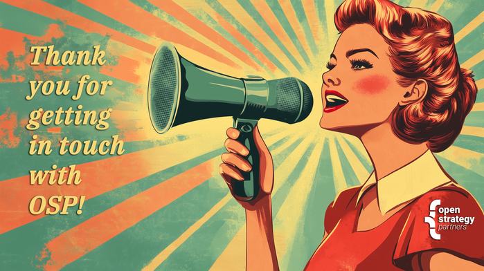 Woman holding megaphone, saying, "Thank you for getting in touch with OSP!"