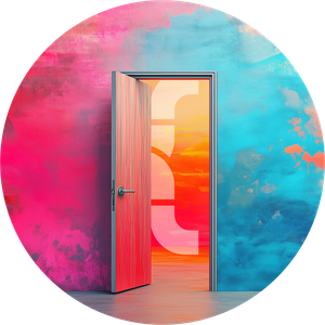 A door in a colorful wall, opeing to a bright future