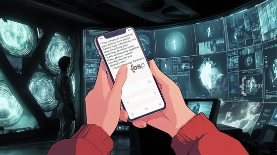 A pair of comic-style hands holding a cell phone. In the background, sci-fi style displays glowing. On the phone screen is the text, "The future of marketing operations isn't about flashy new interfaces; it's about making your existing, familiar tools work seamlessly together through text-based environments you already use."