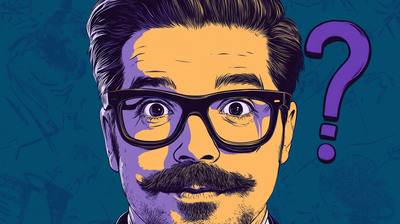 Man with glasses and mustache. Large question mark floating next to him.