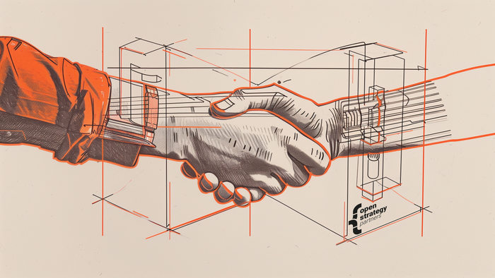 Graphic sketch of two people's hands and arms shaking hands.