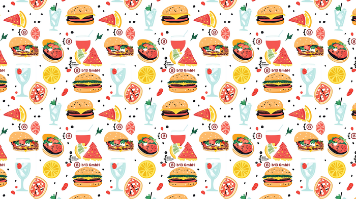 Repeating pattern of wonky pizza slices, hamburgers, drinks, and OSP and b13 logos