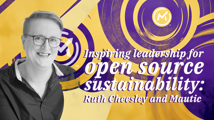 Ruth Cheesley on Mautic-themed background. Orig. photo by Simply C Photography