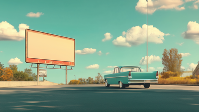 A car stands in front of a blank billboard in a sunny, empty landscape