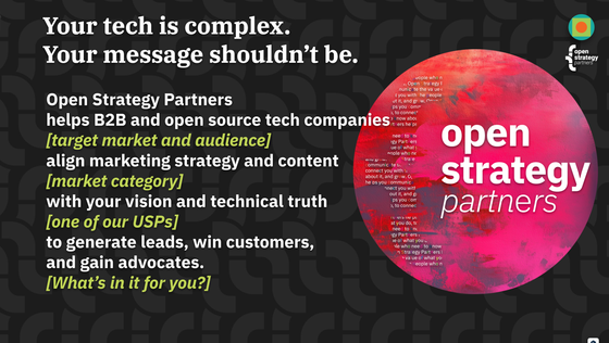 One of OSP's taglines and our positioning statement, with its component sections labeled (reflects the contents of the text in this section).