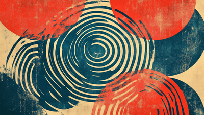 Floating abstract red and blue fingerprint-like blobs