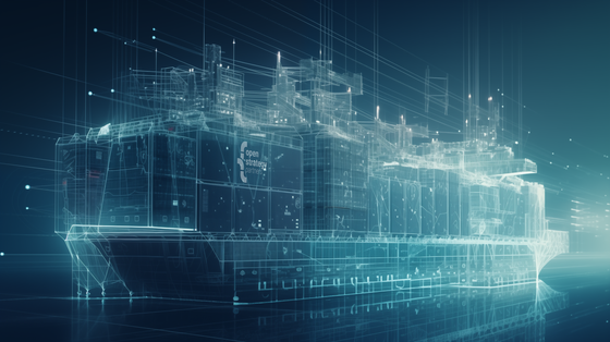 A digitalized blueprint rendering of a container ship