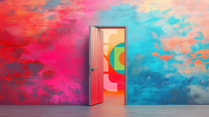 Colorful wall with an open door in the middle. OSP and Palanitr.net logos are visible through the door. 