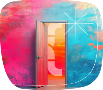 A door in a colorful wall, opeing to a bright future