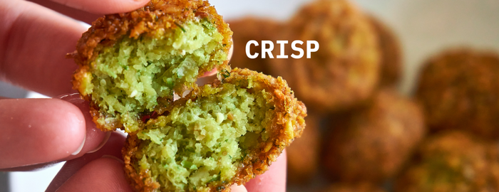 Crispy falafel ball with text "crisp" next to it