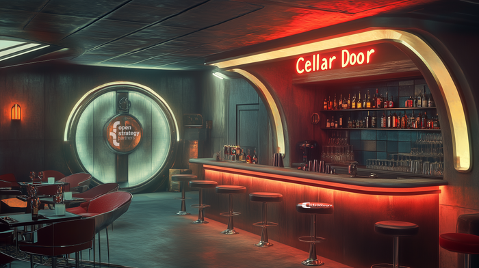 A retro futuristic speak easy bar with "Cellar Door" over the bartop. An OSP logo can be seen on the back wall.