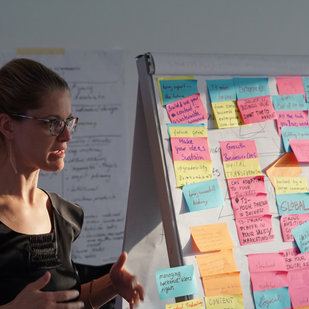 OSP workshop, Tracy Evans explaining a flip chart full of sticky notes