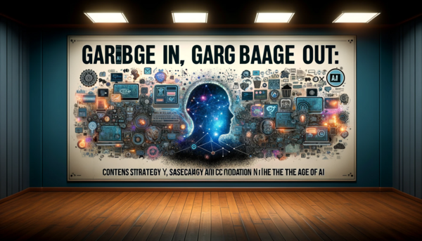 An AI-generated image: cinema screen with tech devices, a human head full of stars and very misspelled "Garbage in, garbage out"