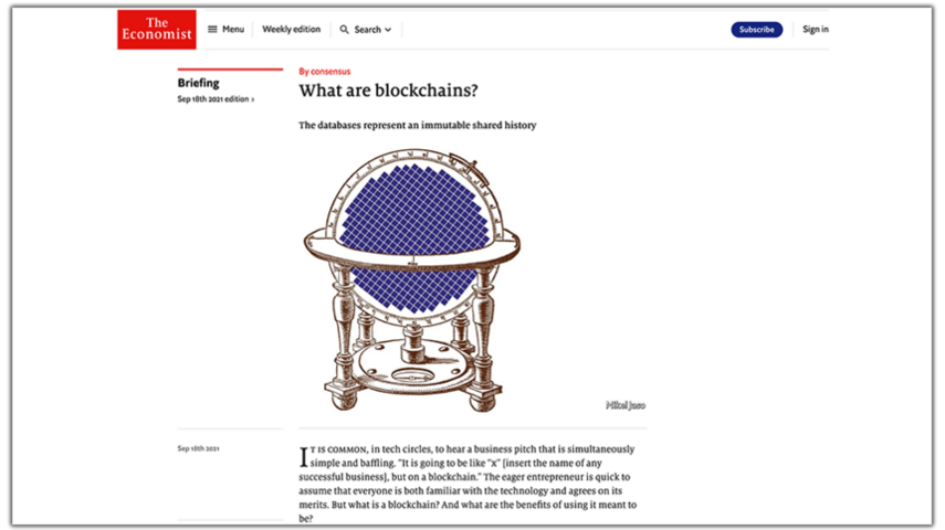 Screenshot from The Economist website: "What are Blockchains?"