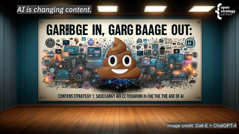 Poop emoji in front of a screen with deeply misspelled text representing "Garbage in, garbage out."