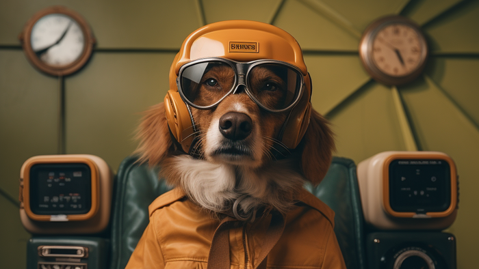 Fluffy dog in flight goggles and leather jacket