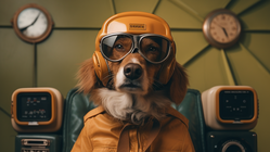 A fluffy dog wearing aviator goggles and a leather jacket
