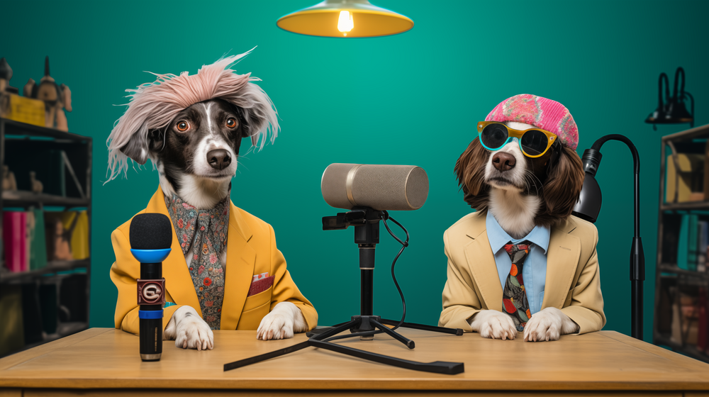 Two dogs in suits in a podcast studio