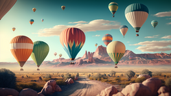 Hot air balloons over a desert landscape in a clear blue sky